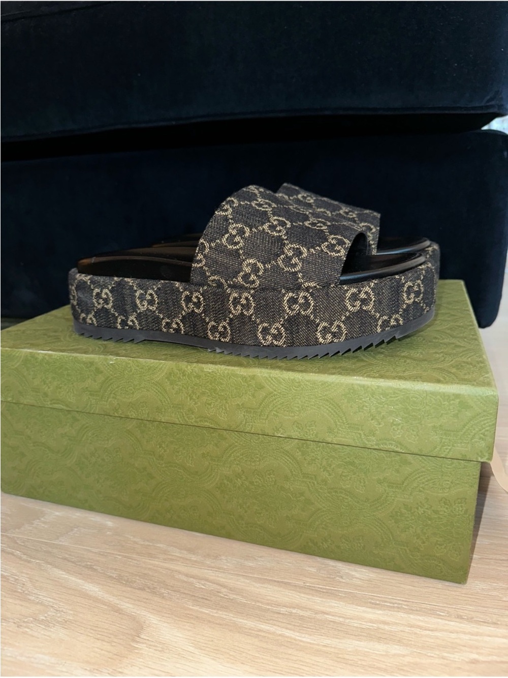 Authentic Gucci black jacquard denim platform sandals
